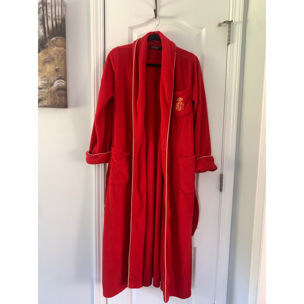 Lauren Ralph Lauren Red Fleece Robe Gold‎ Piping Crest Logo Long Small